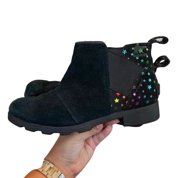 Sorel Girl's Emelie Chelsea Booties SZ 4 Black Suede Metallic Stars Rainbow EUC - Picture 2 of 7